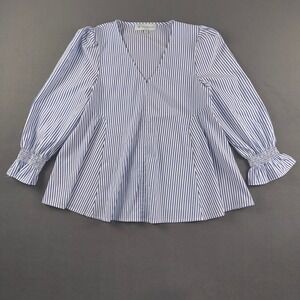 Tuckernuck Blue and White Striped V-Neck Peplum Blouse